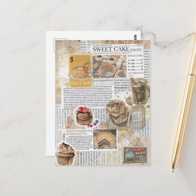 Carte Postale Cakes & Coffee Ephemera Vintage Decoupage (Devant/Arrière en situation)