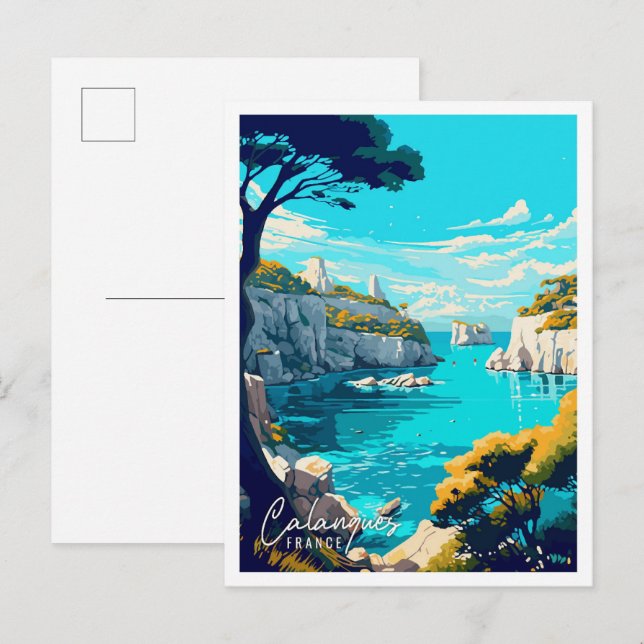 Carte Postale Calanques France Illustration de voyage Art vintag (Devant / Derrière)
