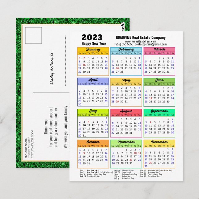 Carte Postale Calendrier 2023 Black Script Green Parties scintil (Devant / Derrière)