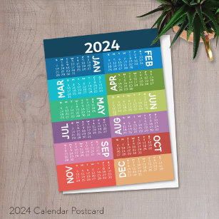 Carte Postale Calendrier 2024 - année complète - mois colorés fu