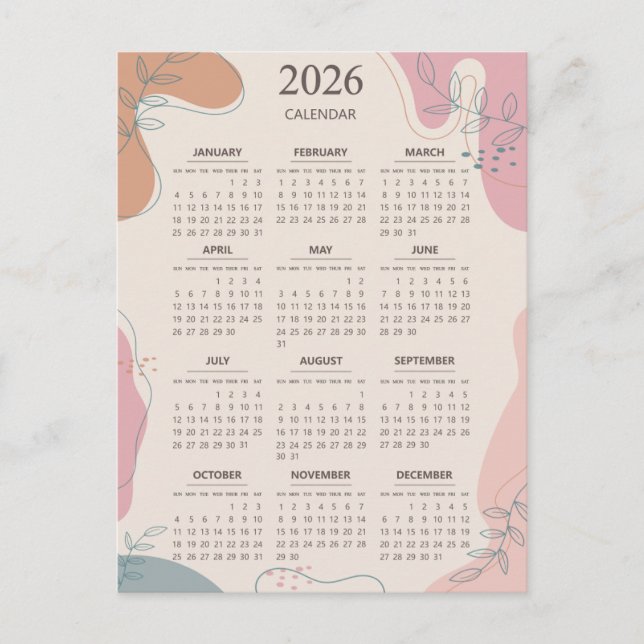 Carte Postale Calendrier 2026 Abstrait Bohème du Milieu du Siècl (Devant)