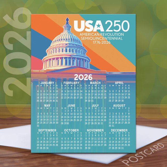 Carte Postale Calendrier 2026 avec USA 250 Capital Dome America (2026 Calendar on a Postcard)