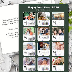 Carte Postale Calendrier 2026 Moderne Vert Famille 12 Collage de