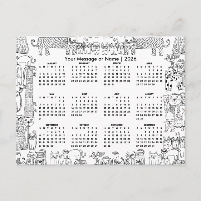 Carte Postale Calendrier 2026 pour chats avec message ou nom per (Devant)