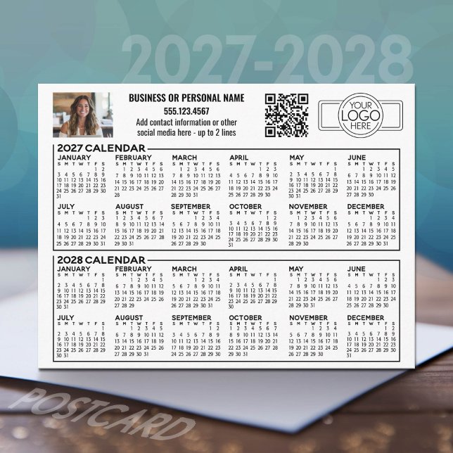Carte Postale Calendrier 2027 2028 avec logo, Code QR, Photo (2027 and 2028 Calendar Postcard)