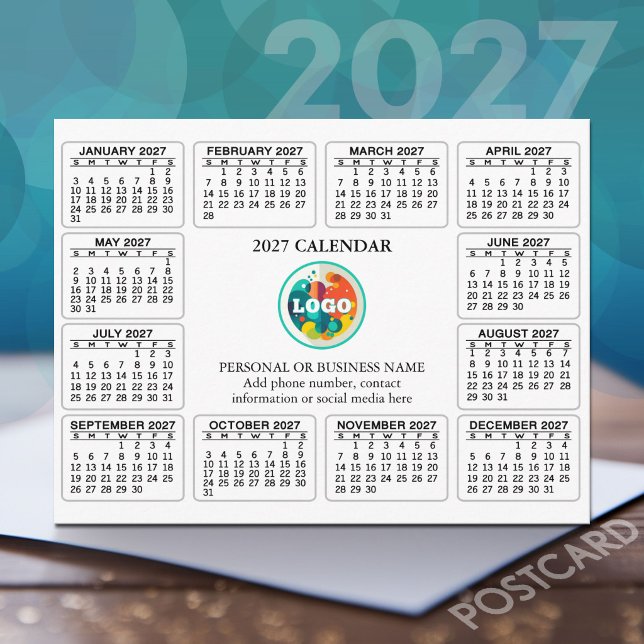 Carte Postale Calendrier 2027 avec coordonnées du logo (2027 Calendar on a Postcard)