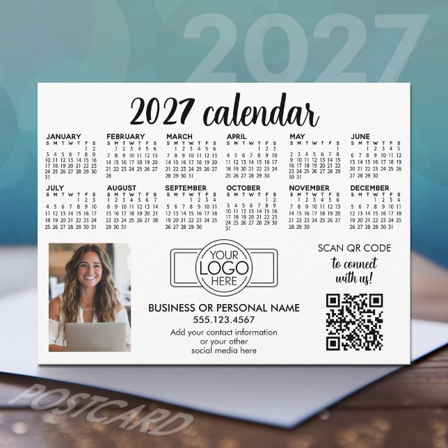 Carte Postale Calendrier 2027 avec logo, Code QR, Photo Blanc (2027 Calendar Postcard)