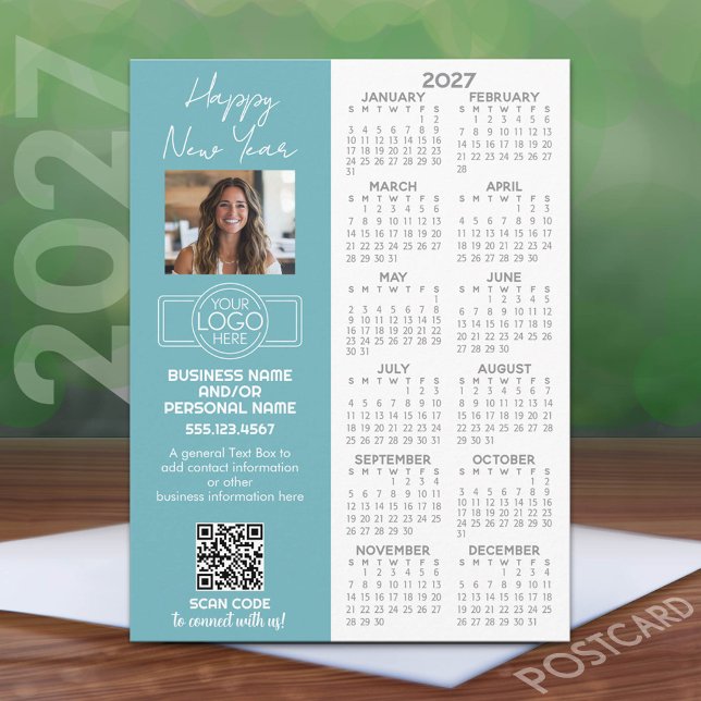 Carte Postale Calendrier 2027 avec logo, code QR, photo et plus (2027 calendar on a postcard)