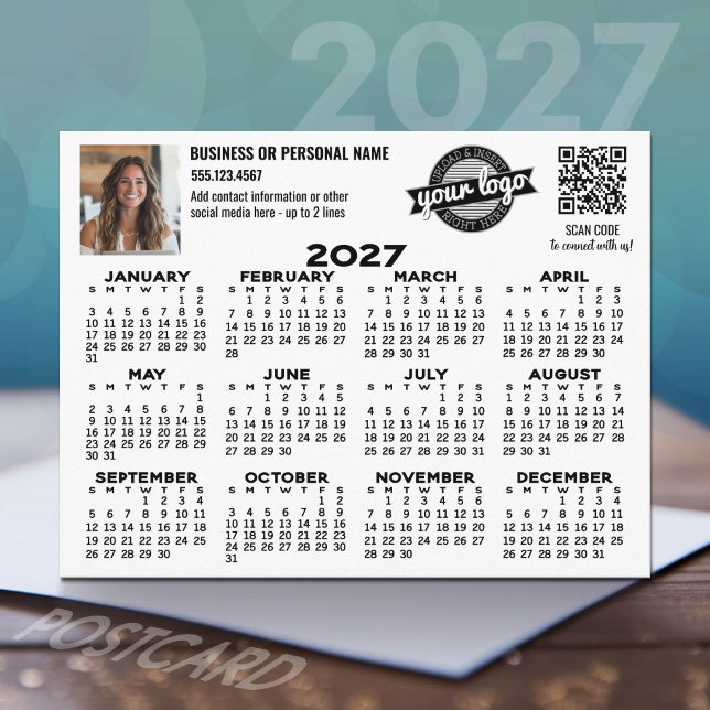 Carte Postale Calendrier 2027 avec logo, Code QR, Photo NOIR (2027 Calendar Postcard)
