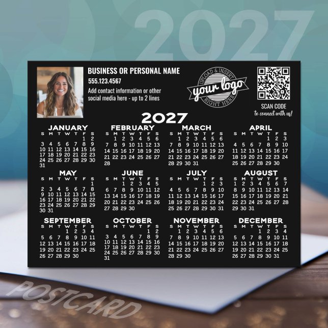 Carte Postale Calendrier 2027 avec logo, Code QR, Photo NOIR (2027 calendar postcard)