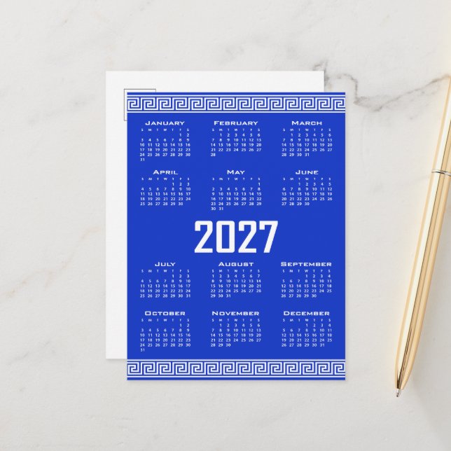 Carte Postale Calendrier 2027, Frise grecque, Blanc sur bleu gre (Devant/Arrière en situation)