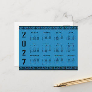 Carte Postale Calendrier 2027, Frise Grecque, Noir sur Bleu Cosm