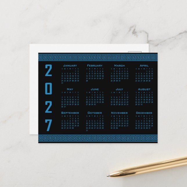 Carte Postale Calendrier 2027, grec à méandre, bleu cosmos sur f (Devant/Arrière en situation)
