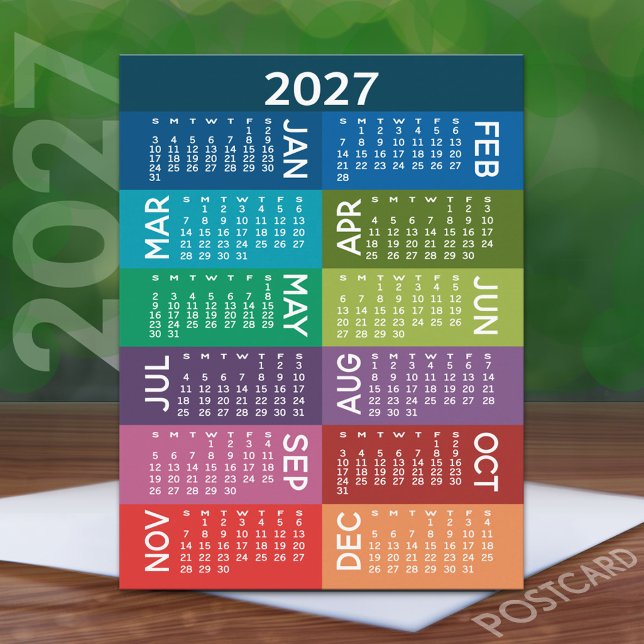 Carte Postale Calendrier 2027 pour l'année complète avec des moi (2027 Calendar on a Postcard)