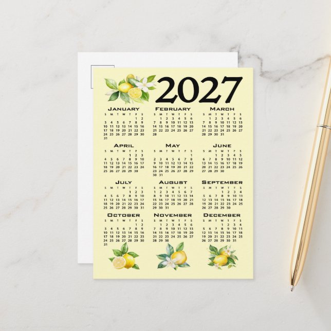 Carte Postale Calendrier 2027 Style Italien Citrons Jaune (Devant/Arrière en situation)