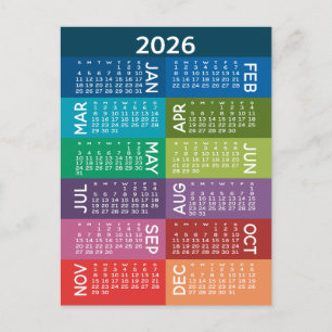 Carte Postale Calendrier - année complète - mois colorés funky