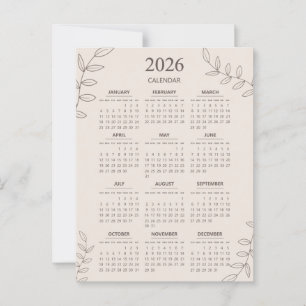 Carte Postale Calendrier annuel 2026 Art en ligne floral Minimal