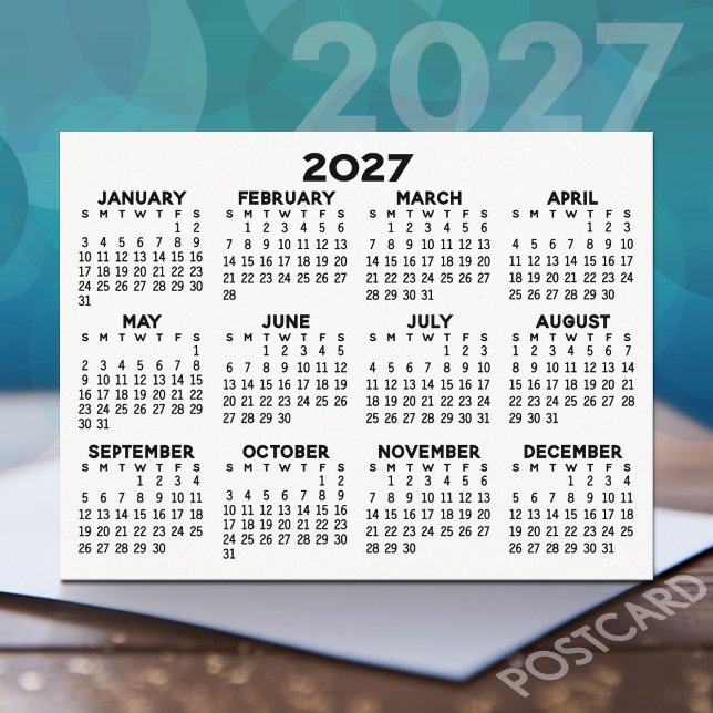 Carte Postale Calendrier annuel 2027 - Noir horizontal (2027 Calendar on a Postcard)