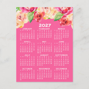 Carte Postale Calendrier aux fleurs aquarelles peintes rose