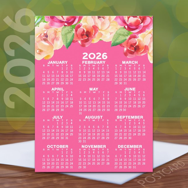 Carte Postale Calendrier aux fleurs aquarelles peintes rose (2026 Calendar Postcard)