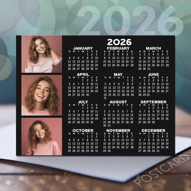Carte Postale Calendrier avec 3 photo Collage - noir (2026 Calendar Postcard)