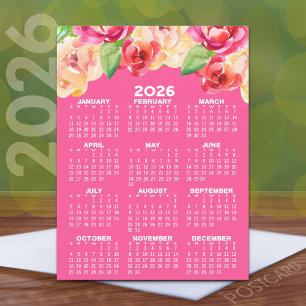 Carte Postale Calendrier avec Aquarelle Peinte Fleurs rose