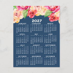 Carte Postale Calendrier avec fleurs aquarelles peintes