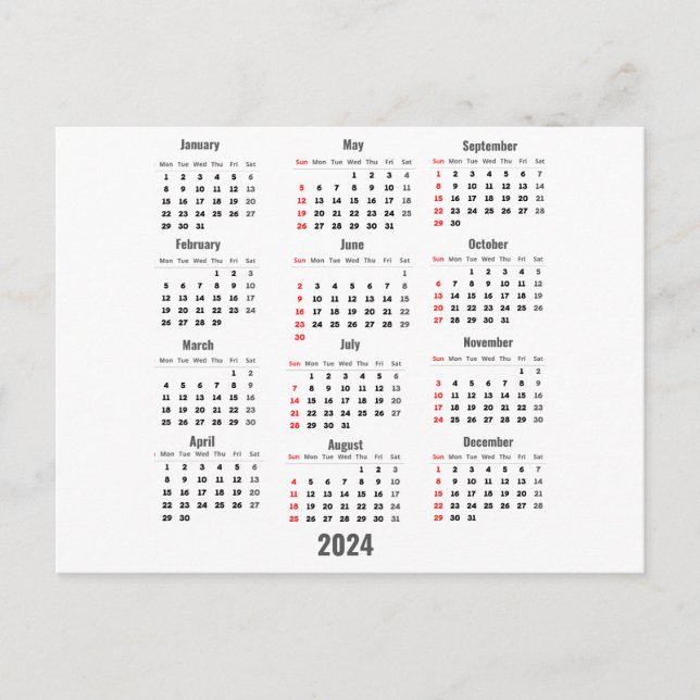 Carte Postale Calendrier blanc 2024 de 52 semaines (Devant)