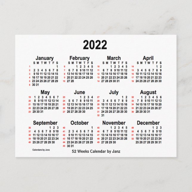 Carte Postale Calendrier blanc de 52 semaines 2022 par Janz (Devant)