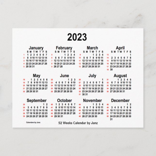 Carte Postale Calendrier blanc de 52 semaines 2023 par Janz (Devant)