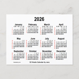 Carte Postale Calendrier blanc de 52 semaines 2026 par Janz