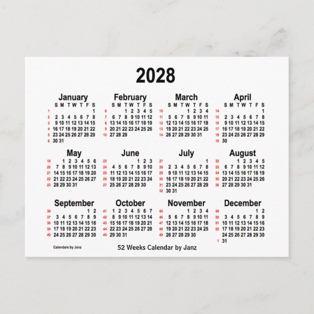 Carte Postale Calendrier blanc de 52 semaines 2028 par Janz (Devant)