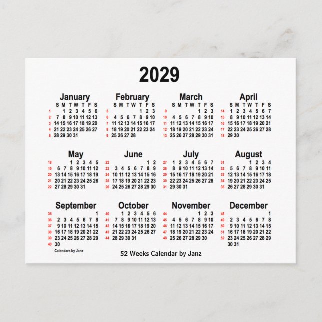 Carte Postale Calendrier blanc de 52 semaines 2029 par Janz (Devant)