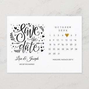Carte Postale Calendrier Cœur Doré Enregistrez la Date