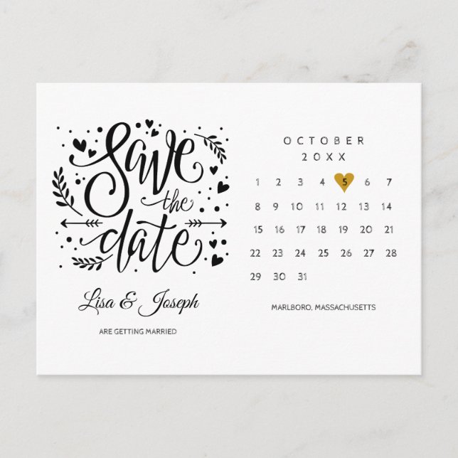 Carte Postale Calendrier Cœur Doré Enregistrez la Date (Devant)