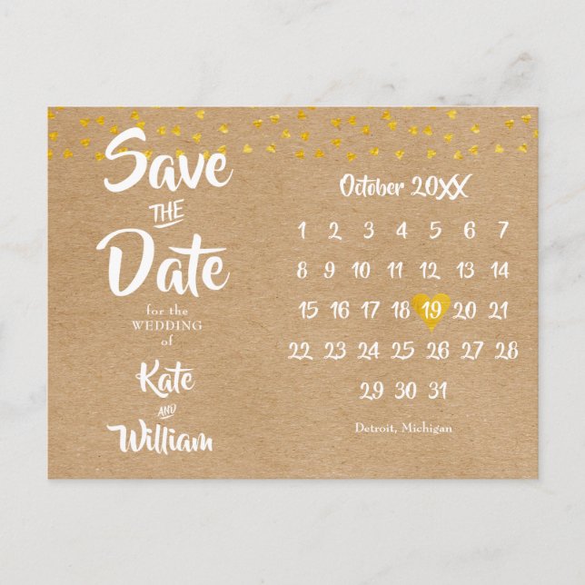Carte Postale Calendrier Cœur Rustique Boho Enregistrez la Date (Devant)