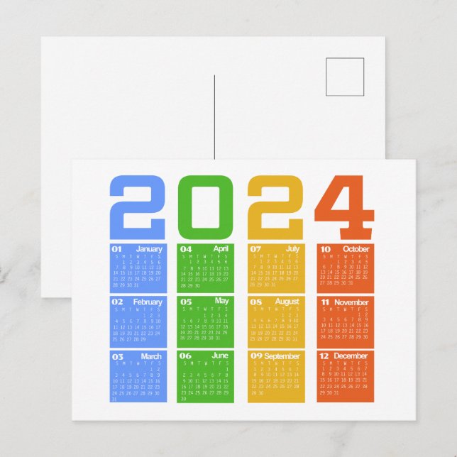 Carte Postale Calendrier Coloré 2024 (Devant / Derrière)