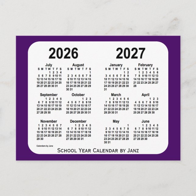 Carte Postale Calendrier de l'année scolaire Purple Mini 2026-20 (Devant)
