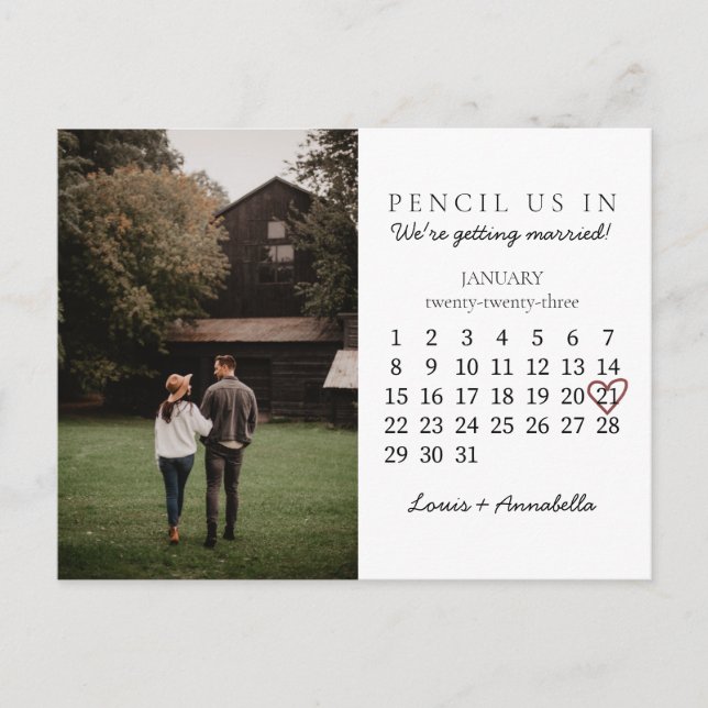 Carte Postale Calendrier de mise en réserve Rose Cœur Mois de ja (Devant)