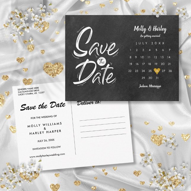 Carte Postale Calendrier de sauvegarde de date Cœur doré Tableau (Save the Date Calendar Gold Heart Chalkboard Postcard)
