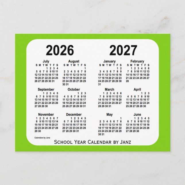 Carte Postale Calendrier École Jaune Vert 2026-2027 par Janz (Devant)