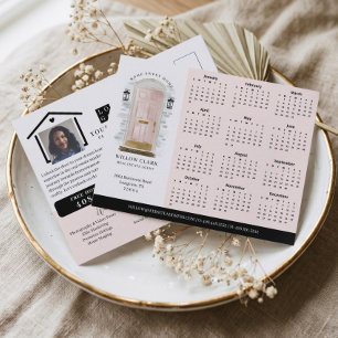 Carte Postale Calendrier immobilier de porte aquarelle rose 2027