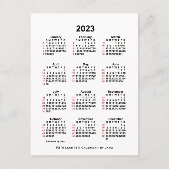 Carte Postale Calendrier ISO hebdomadaire 2023 blanc sur 52 sema (Devant)