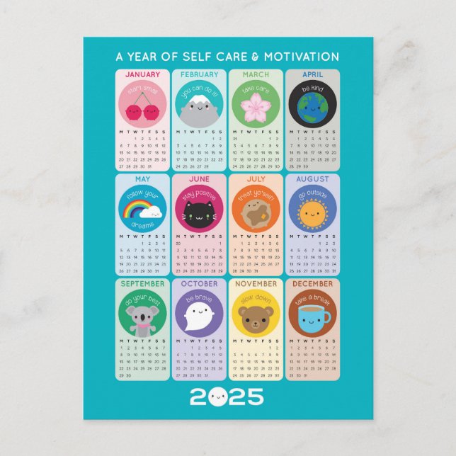 Carte Postale Calendrier Kawaii Motivation & Self Care 2025 (Devant)