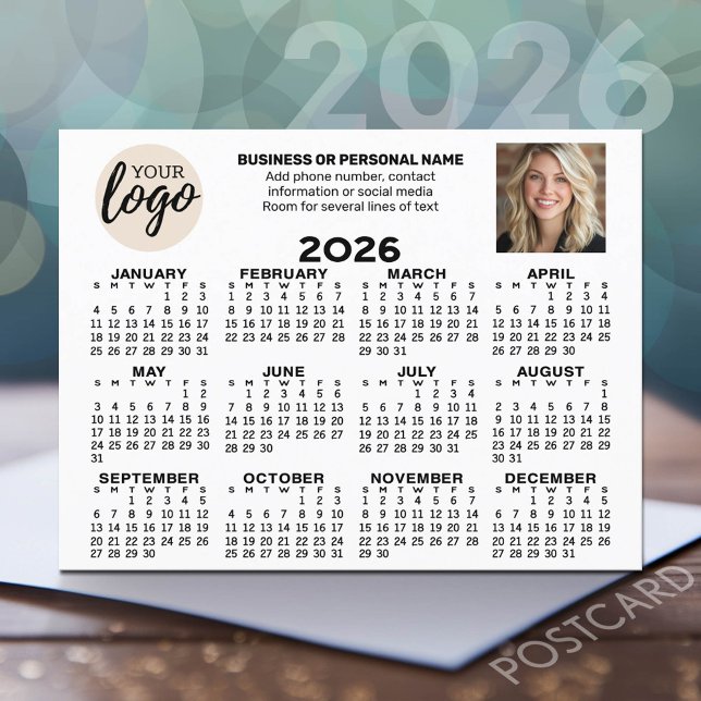 Carte Postale Calendrier - logo, photo, contact professionnel -  (2026 Calendar Postcard - Add your logo, photo and business contact information)
