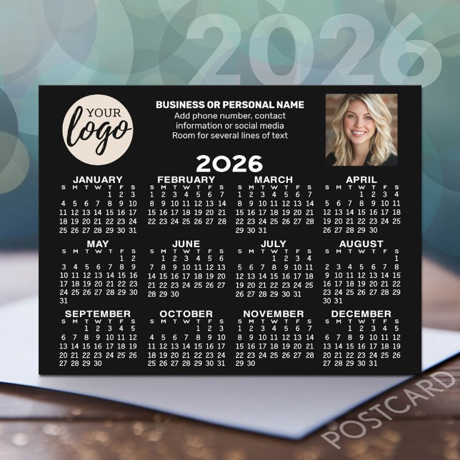 Carte Postale Calendrier - logo, photo, contact professionnel -  (2026 Calendar Postcard - Add your logo, photo and business contact information)