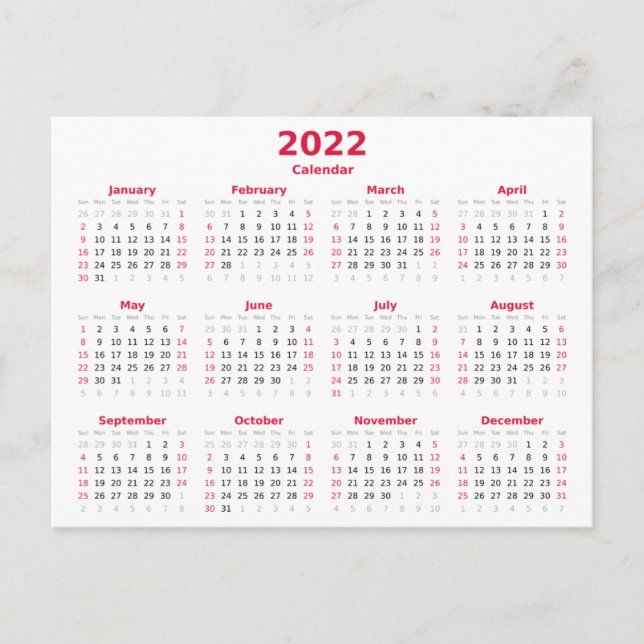 Carte Postale Calendrier mensuel de base 2022 (Devant)