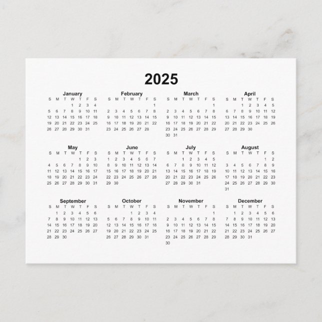Carte Postale Calendrier mensuel de base 2025 (Devant)