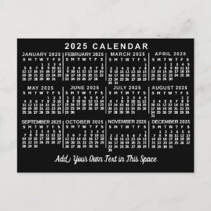 Carte Postale Calendrier mensuel de l'année 2025 Classique Noir 