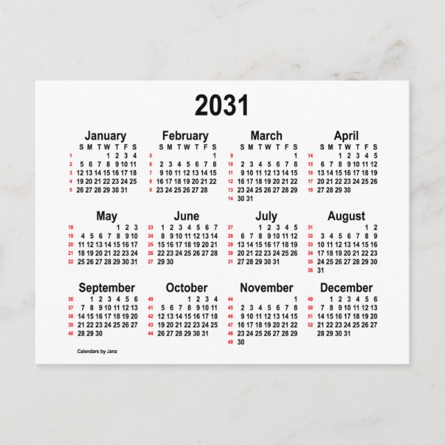 Carte Postale Calendrier mini 52 semaines 2031 blanc par Janz (Devant)